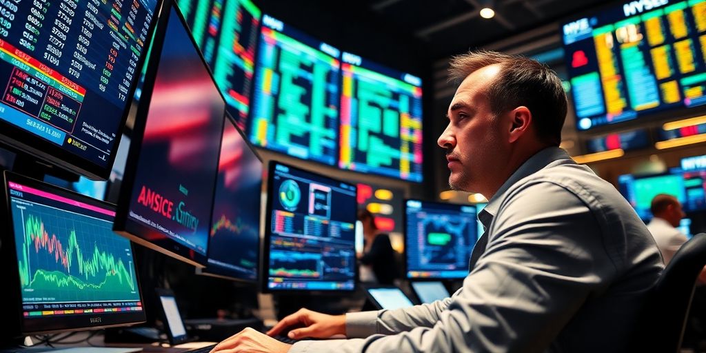 Trader at desk with vibrant screens in trading environment.